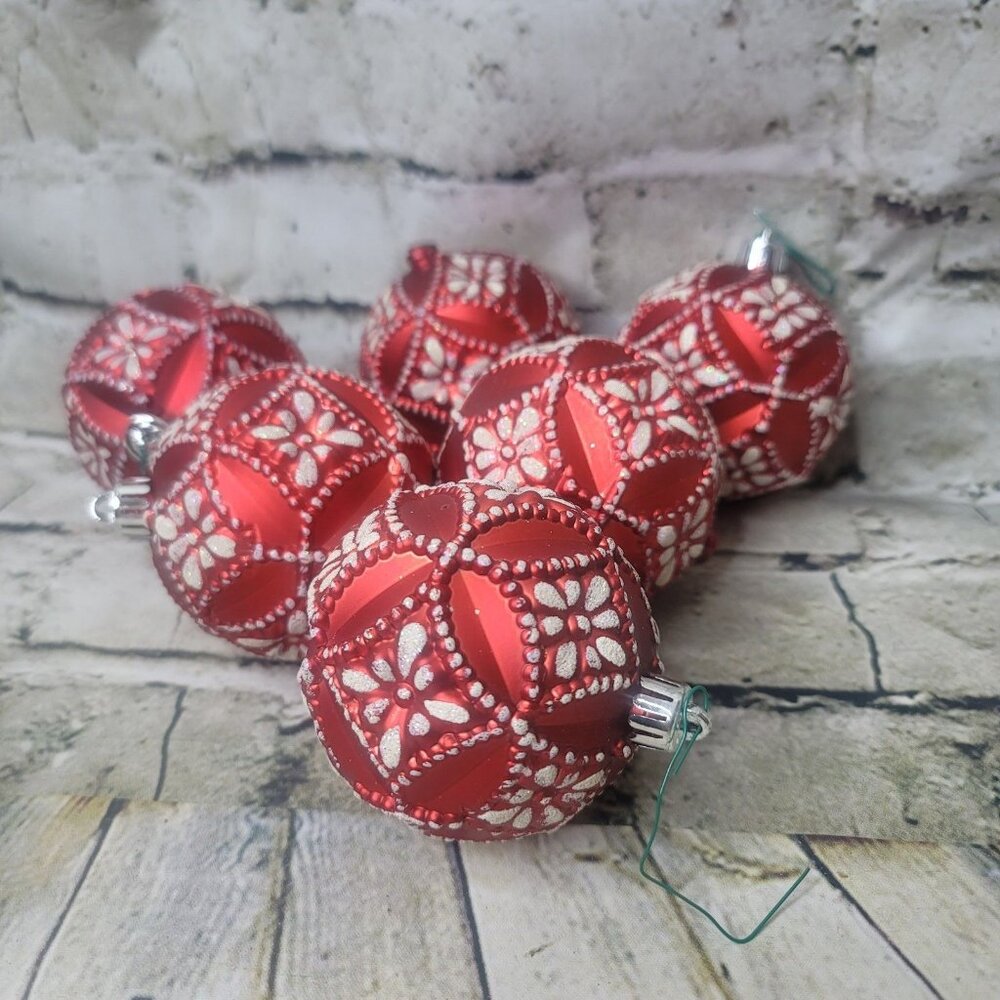 Vickerman Design Christmas Ornaments Set Of Six 4” Red Silver Flocked